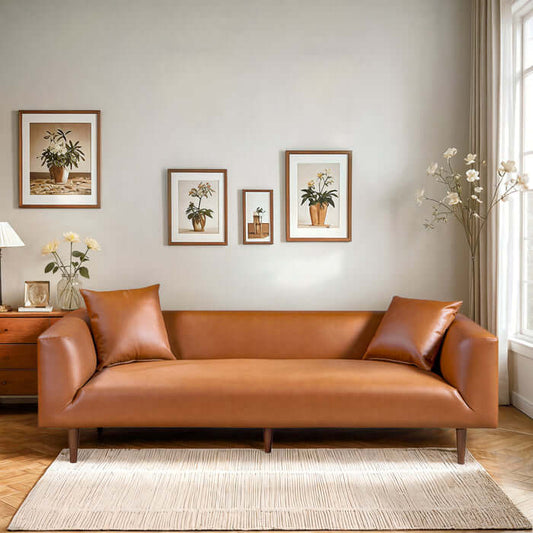 Elwood MCM Cognac Brown PU Leather Sofa in a stylish living room setting.