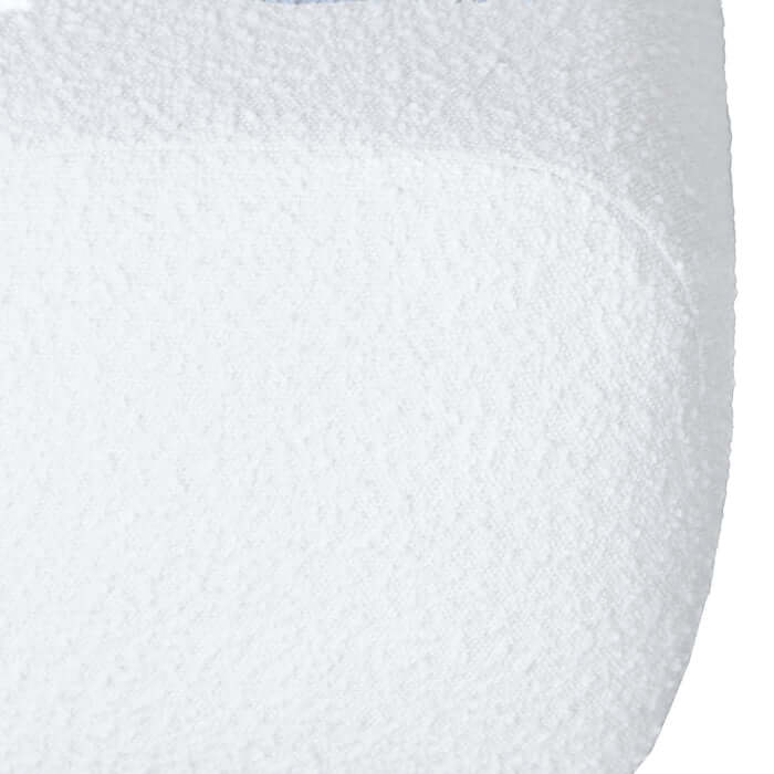 Close-up of soft ivory bouclé upholstery texture on a Kelvin Ivory Boucle Ottoman Bench.