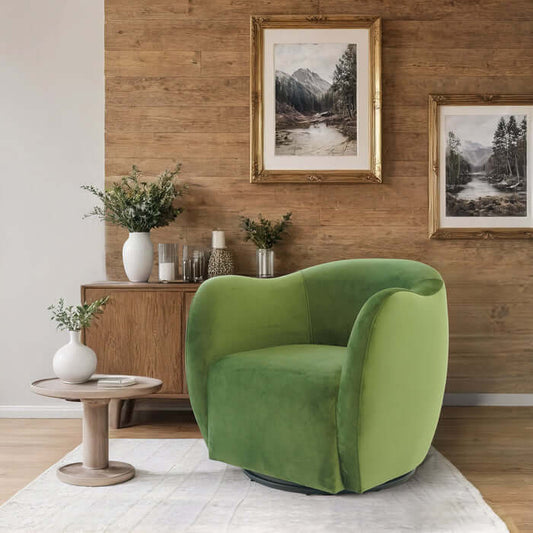 Renee Swivel Lounge Chair in Green Velvet adds elegance and comfort to any living space with its chic design.