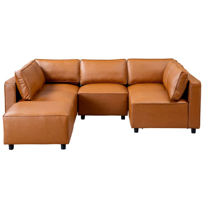 Reno Cognac PU Leather Modular Sofa Sectional with sleek design and plush cushions for modern living spaces.