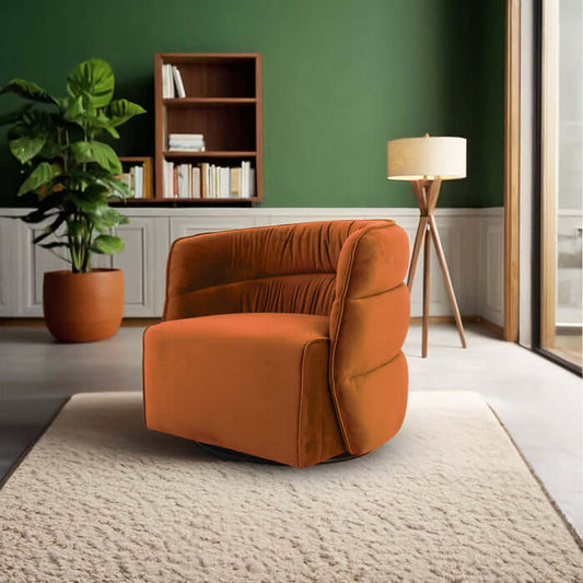Walden Tufted Velvet Swivel Chair in orange, showcasing retro elegance and modern design in a stylish living space.