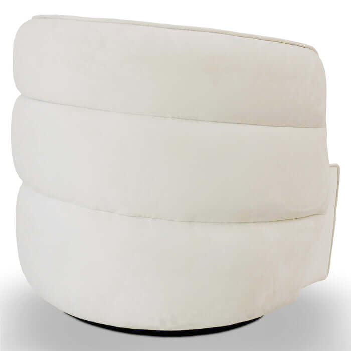 Walden tufted velvet swivel chair in cream, blending mid-century elegance and modern comfort, fully assembled.