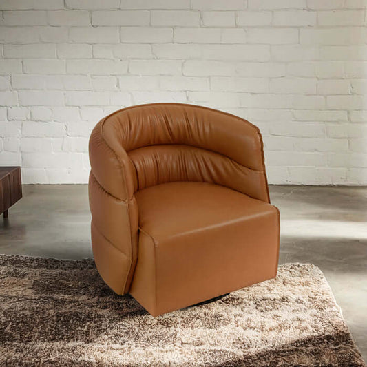 Walden tufted faux leather swivel chair in brown, offering mid-century elegance and modern comfort for stylish interiors.