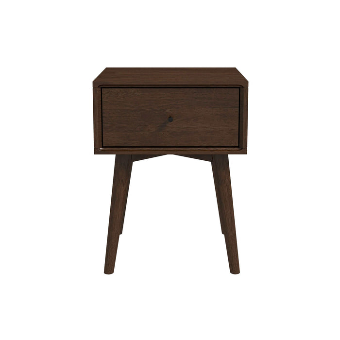 The Avery Solid Wood Nightstand with Drawer by Ashcroft Furniture Co. features a dark walnut finish, angled legs, and a single front drawer in a simple, mid-century modern design, shown against a white background.