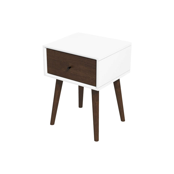 The Avery Solid Wood Nightstand with Drawer by Ashcroft Furniture Co. features a white rectangular body, a single walnut-finished dark wood drawer, and four angled dark wood legs, shown on a white background.