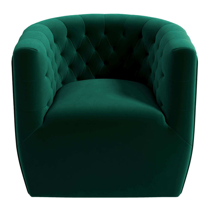 Delaney Tufted Swivel Barrel Chair – Modern Accent Chair (Multiple Colors & Fabrics) in deep green upholstery.