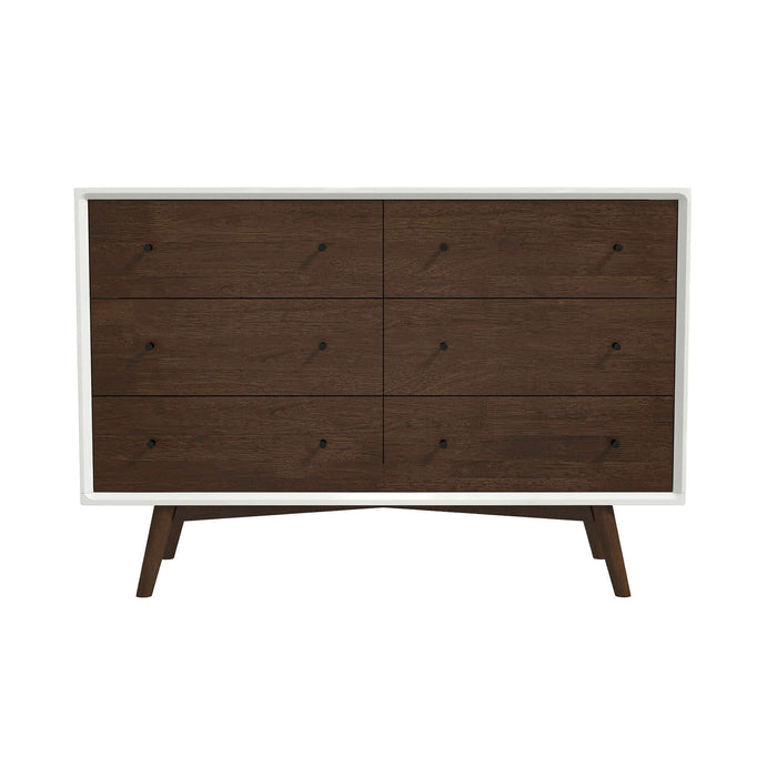 The Ashcroft Furniture Caroline MCM Solid Wood Bedroom Storage Dresser features six dark wood drawers with black knobs, a white frame, and angled legs—delivering modern mid-century style and practical bedroom storage.