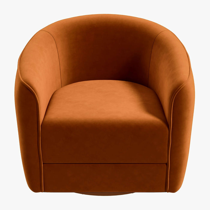 The Elise Swivel Barrel Accent Chair by Ashcroft Furniture Co. features a modern curved design and smooth burnt orange upholstery, shown from the front against a plain white background.