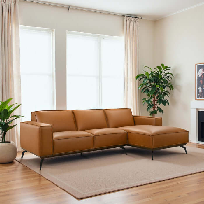 Brenham MCM Right-Facing Chaise Sofa Sectional in cognac vegan leather, designed for comfort and style.