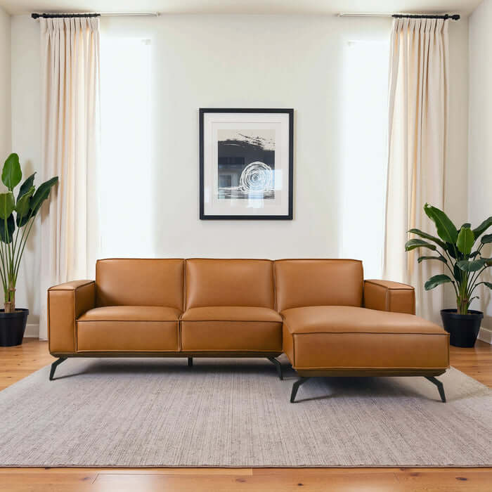 Brenham MCM Right-Facing Chaise Sofa Sectional in cognac vegan leather, perfect for mid-century modern living spaces.
