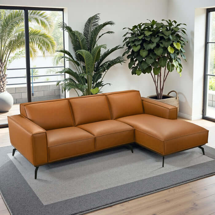 Brenham MCM Right-Facing Chaise Sofa Sectional 102" in soft cognac vegan leather, enhancing modern living spaces.