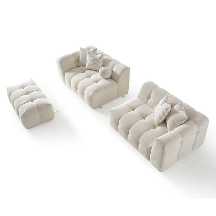 Alana Tufted Ivory Chenille Modular Sofa with Ottoman and pillows, modern sectional design for comfortable living rooms.