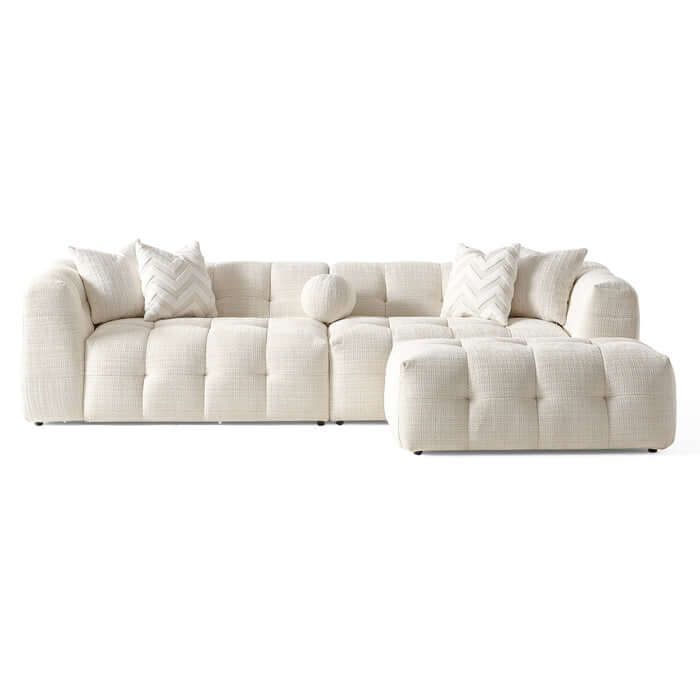 Alana tufted ivory chenille modular sofa with ottoman, featuring plush upholstery and stylish design.