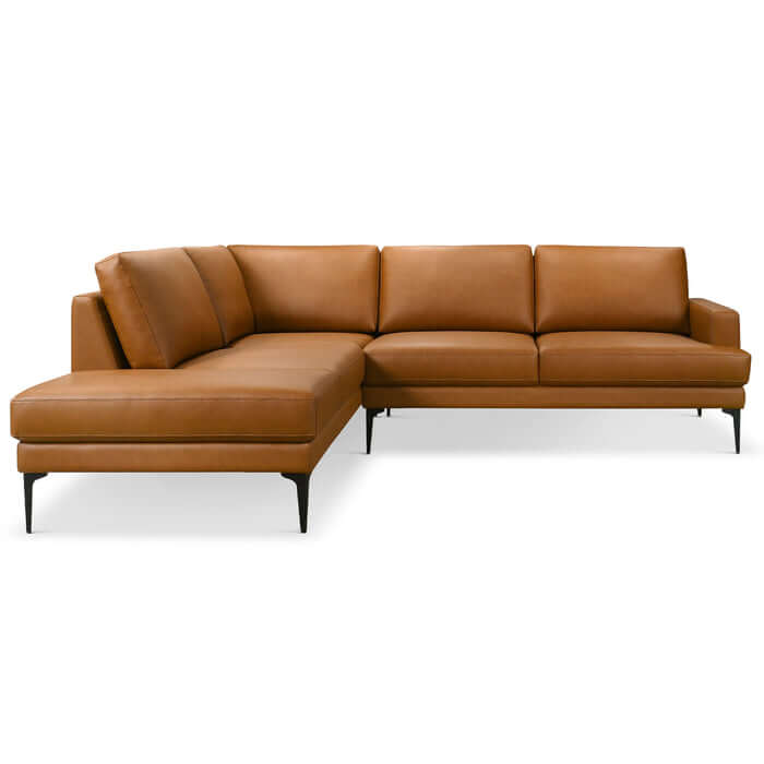 Bristol Vegan Leather Left-Facing Chaise Sofa Sectional in warm brown, modern design, cozy living room centerpiece.