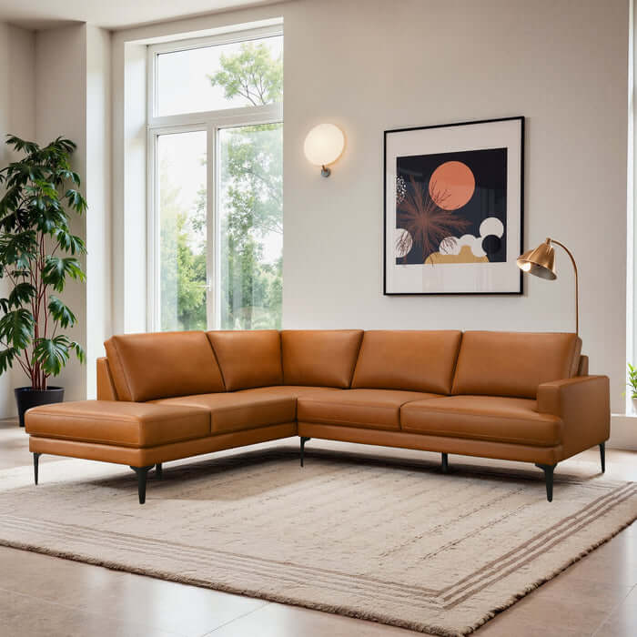 Bristol Vegan Leather Left-Facing Chaise Sofa Sectional in a modern living room setting with a cozy rug.