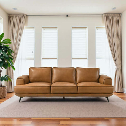 Knox MCM Genuine Leather Sofa 98" in tan leather, showcasing mid-century design and modern comfort.