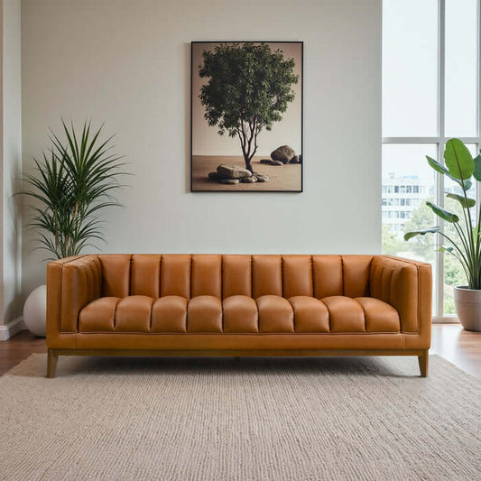 Melissa MCM vegan leather sofa in mid-century modern style, featuring a soft tan color and elegant design.