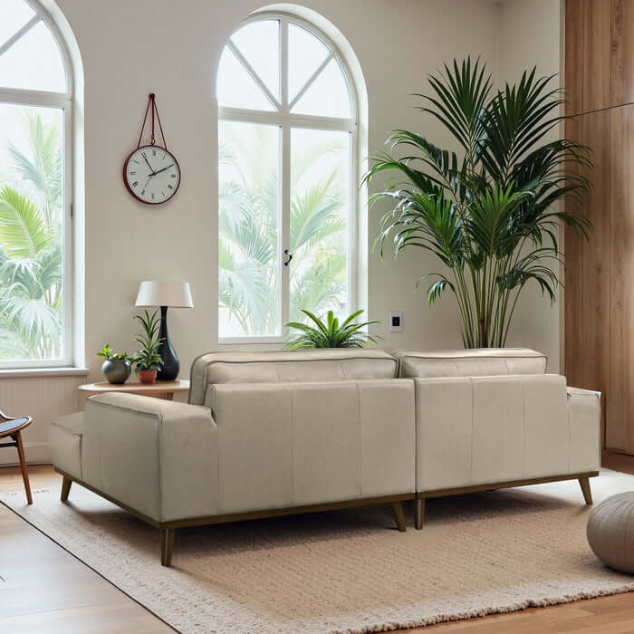 Kerrville Beige Leather Right-Facing Chaise Longue Sofa Sectional in a bright, stylish living room.