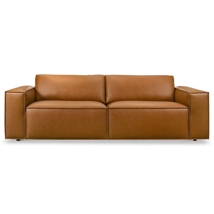 Uvalde MCM Vegan Leather Wide-Arm Sofa 92" in rich cognac color, showcasing mid-century modern design and comfort.