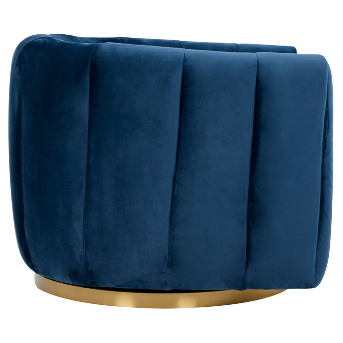 The Ashcroft Furniture Co. Cosey Green Channel Tufted Velvet Swivel Chair has a plush, stylish design with a channel-tufted backrest and gold base, perfect for modern spaces. Available in 3 colors.