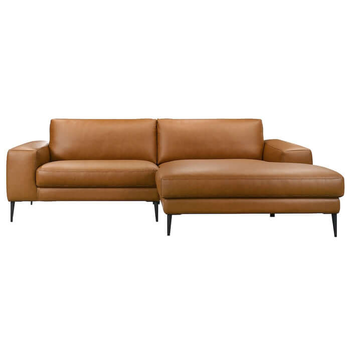 Easley MCM Vegan Leather Wide-Arm Chaise Sofa 98" in brown, featuring mid-century modern design and durable construction.