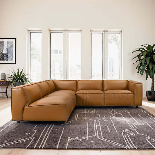 Findlay Vegan Leather Corner Sectional Sofa 103" in modern living room, featuring mid-century design and comfortable seating.