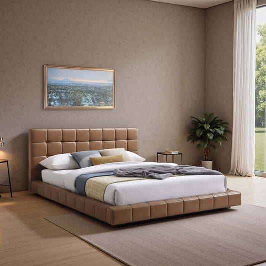 Hudson Leather Upholstered Queen Platform Bed Frame in a stylish bedroom setting with natural light.