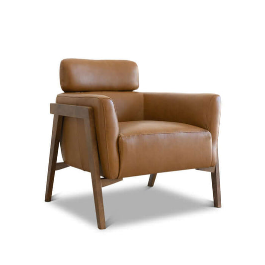Kayson MCM Tan Leather Lounge Chair with modern design and sturdy wood frame, perfect for any living space.