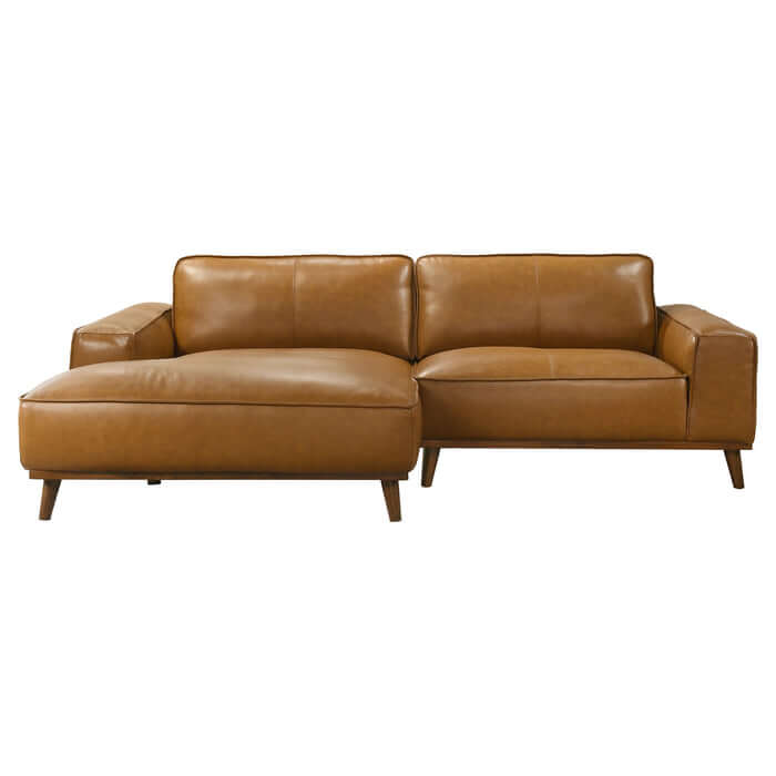 Top-Grain Leather Chaise Sofa Sectional (2 Colors) – Kerrville Mid-Century Modern Leather L-Shape Couch in brown.
