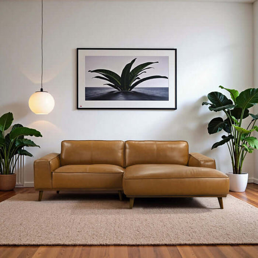 Top-Grain Leather Chaise Sofa Sectional (2 Colors) â Kerrville Mid-Century Modern Leather L-Shape Couch in a stylish living room