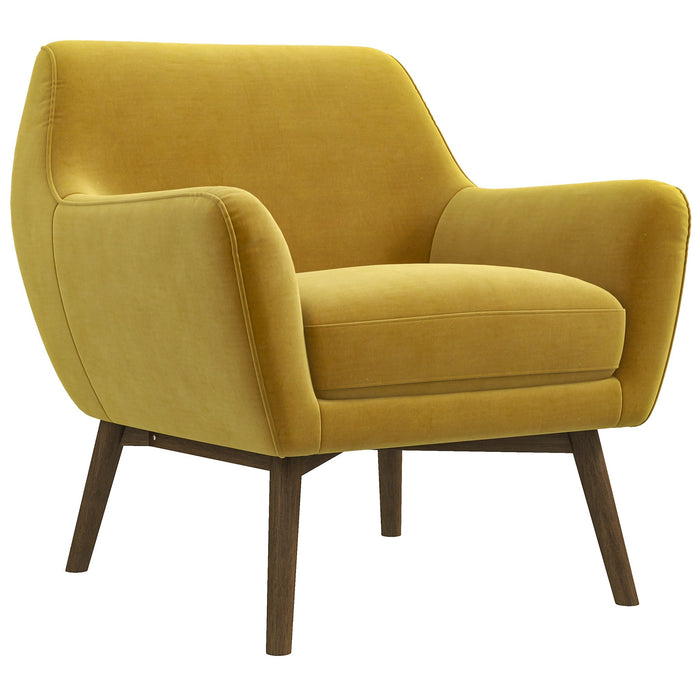 The Ashcroft Furniture Co Panom MCM Lounge Chair features a solid wood frame, angled wooden legs, wide cushioned seat, and gently curved armrests and backrest; available in boucle or velvet in three colors.