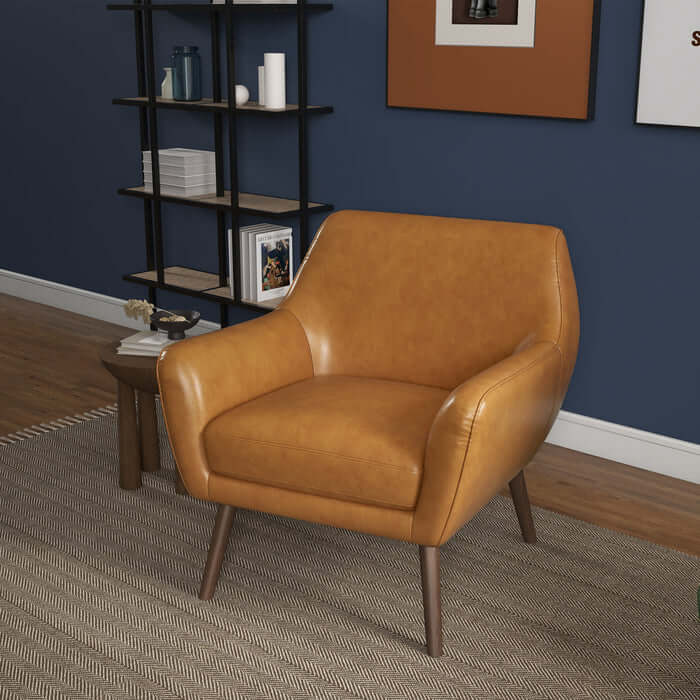 Panom MCM Tan Genuine Leather Lounge Chair in a modern living room setting with stylish decor.