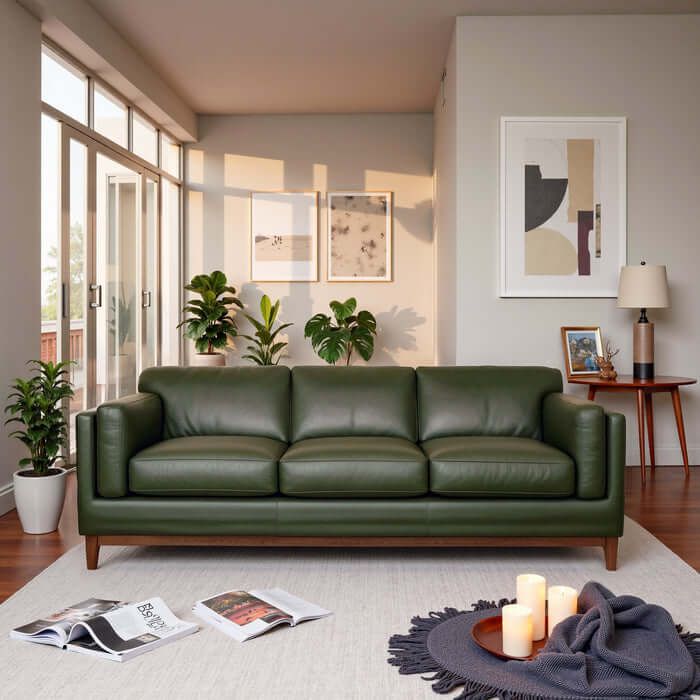 Raleigh MCM Dark Green Top Grain Leather Sofa 90W