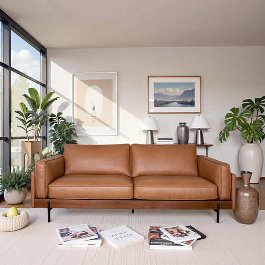 Utica MCM Premium Leather Sofa 88W in a bright living room with plants and decorative items.