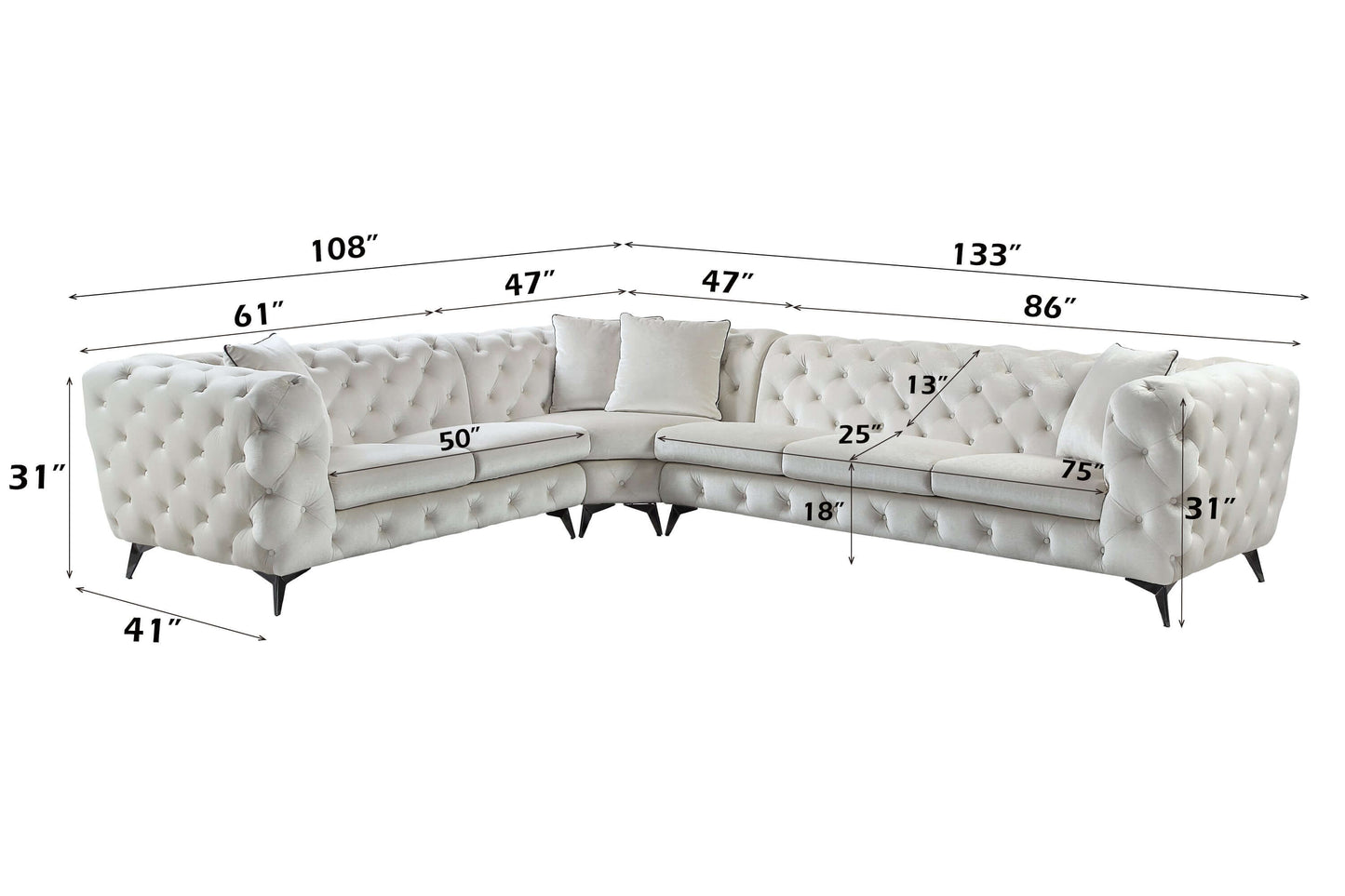 Atronia Beige Tufted Fabric Corner Sectional 133"L dimensions and design, showcasing its modern style and spacious seating.