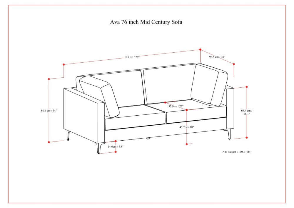 Ava MCM Performance Fabric Loveseat 76" – Modern Eco-Friendly Sofa (2 Colors) dimensions blueprint illustration.