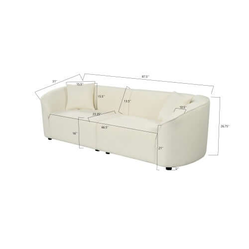 Contemporary sloped arm bouclé upholstered sofa dimensions, showcasing a sculptural design, 87.5'W, available in four colors.