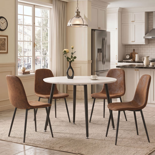 Tamsin White Extendable Round Dining Set – 5-Piece Table With 4 Brown Fabric Chairs