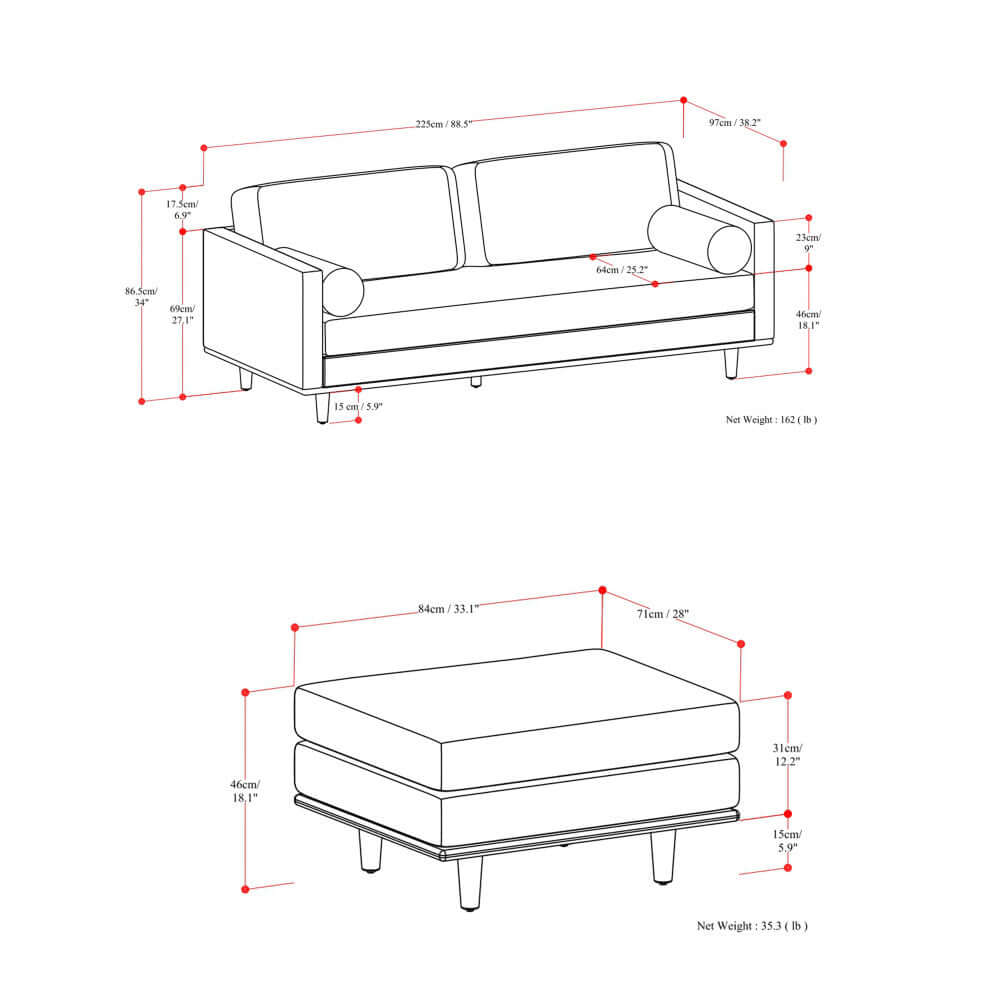 Morrison MCM Fabric Sofa 89" – Modern Mid-Century Upholstered Couch (2 Colors) dimensions and specifications diagram.
