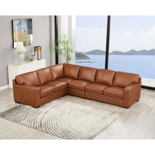 Dillon MCM Leather L-Shaped Corner Sofa Sectional 126" in a modern living room with a scenic view.
