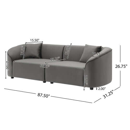 Dimensions of the Contemporary Sloped Arm Boucle Upholstered Sofa 87.5'W, showcasing its sculptural curves and ergonomic design.