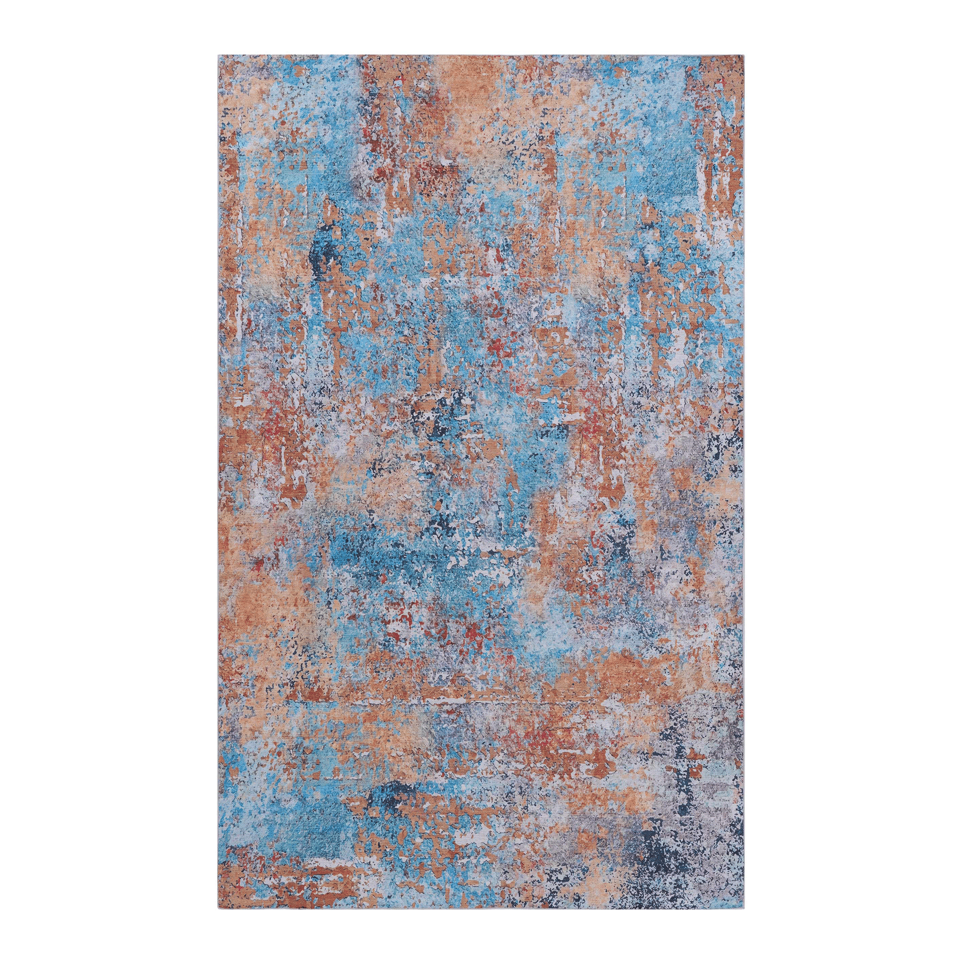 Multi-Colored Abstract Washable Area Accent Rug in blue, orange, and gray tones for stylish decor and easy maintenance.