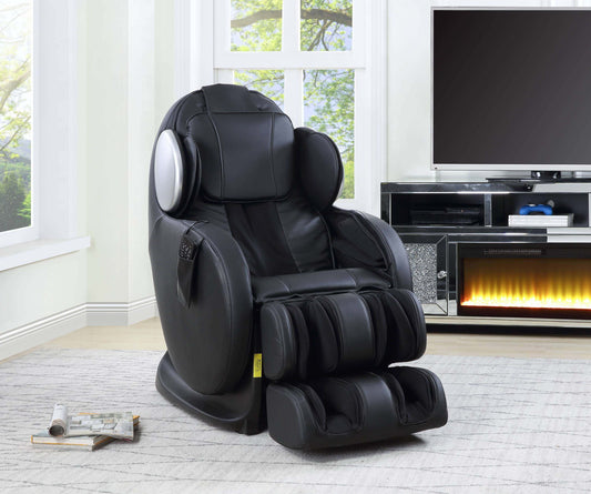Pacari Black PU Leather Power 2D Massage Chair in a modern living room setting.