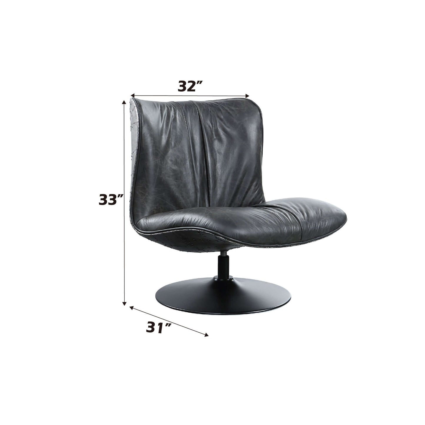 Piotr Black Top-Grain Leather Armless Accent Swivel Chair dimensions 32" height 33" width 31" depth
