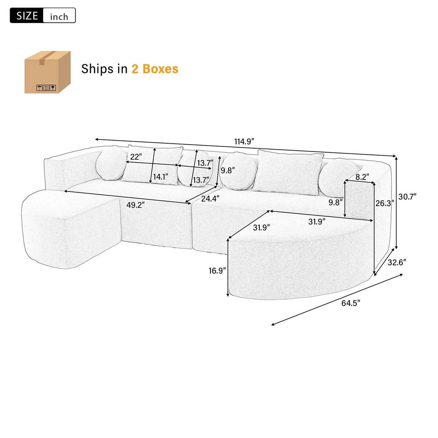 Dimensions and shipping details of Boneless Boucle Modular Sectional Sofa 115” – Deep Seat Curved U-Shaped Foam Couch for 6.