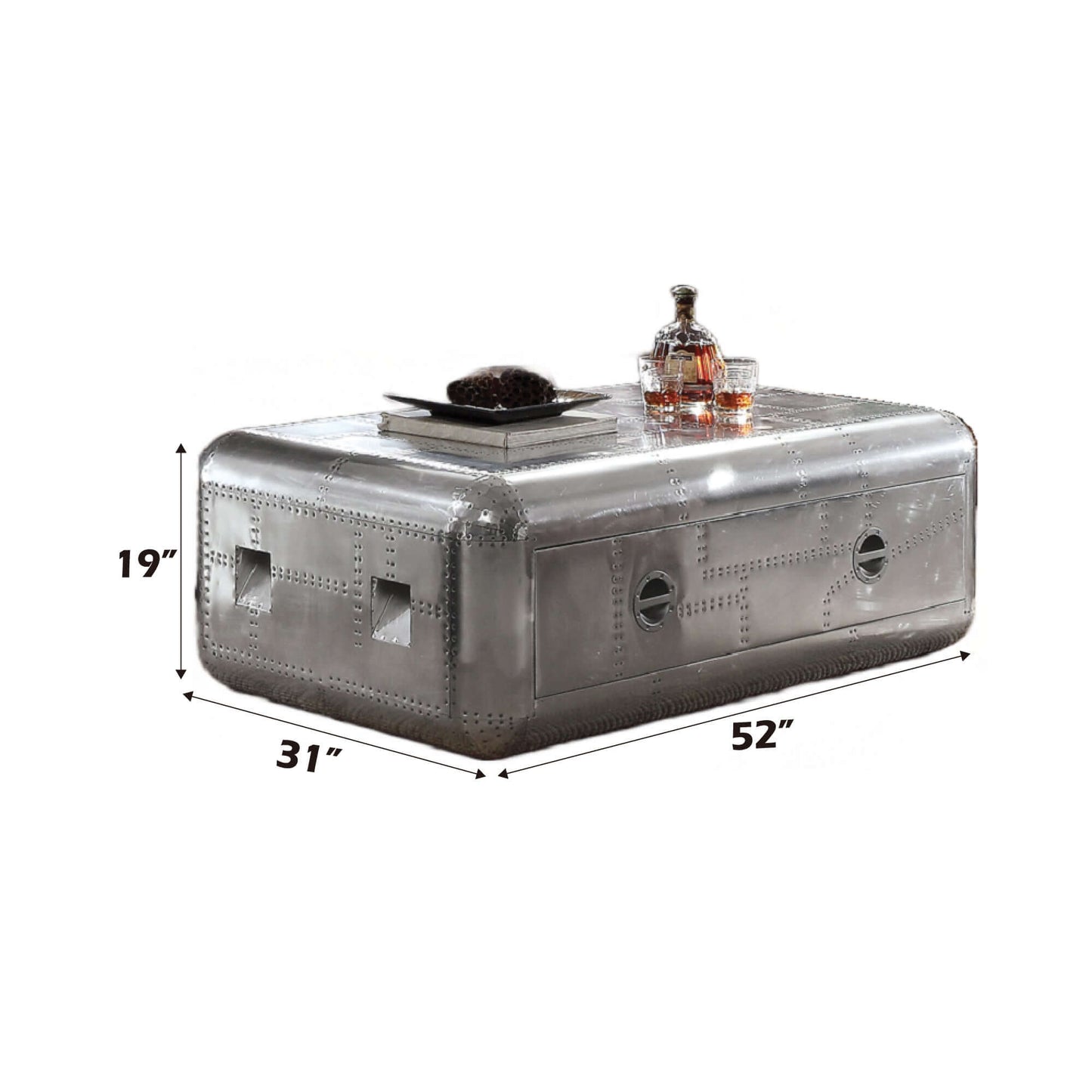 Retro Industrial Aluminum Storage Drawer Coffee Table 52"W with vintage design and modern storage features.