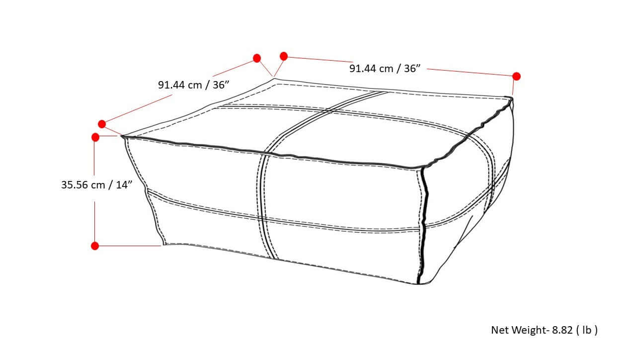 Brody Large Square Faux Leather Ottoman 36" dimensions illustration with net weight and measurements.