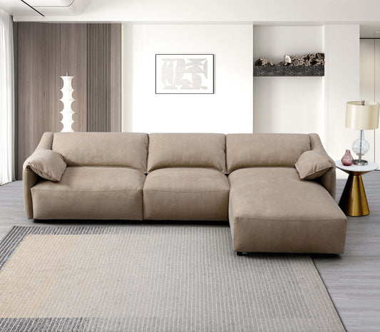 Light Brown Suede Sectional Sofa with Chaise, 127-inch L-shape couch, comfortable and spacious living room furniture.