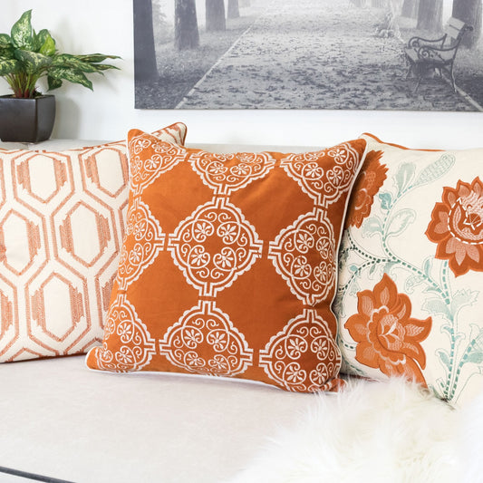 Burnt Orange Damask Embroidered Throw Pillow – 20" Boho Accent Cushion – view 2
