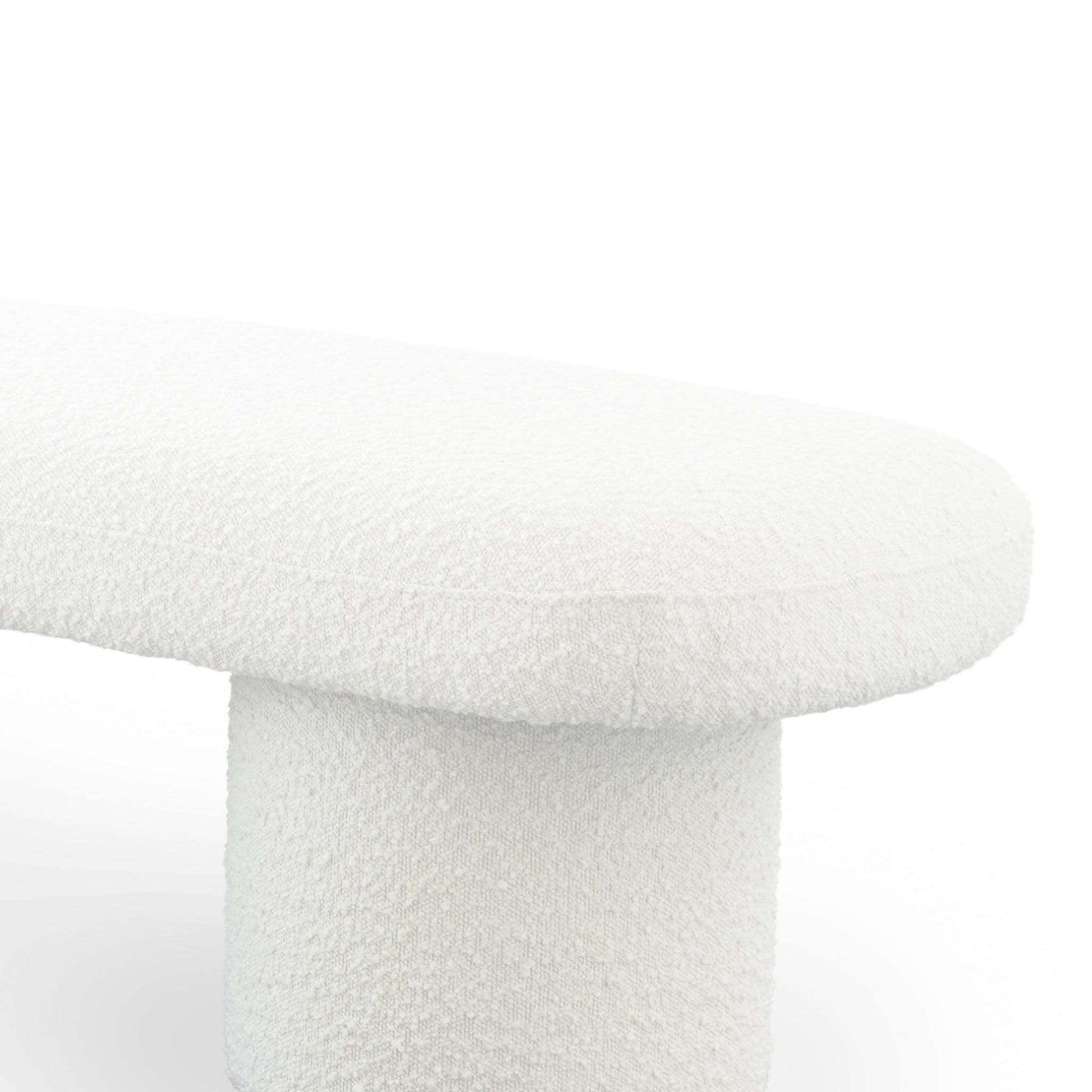 Randolph Ivory Boucle Bench 56' in modern living room with minimalist design and sleek cylindrical legs.